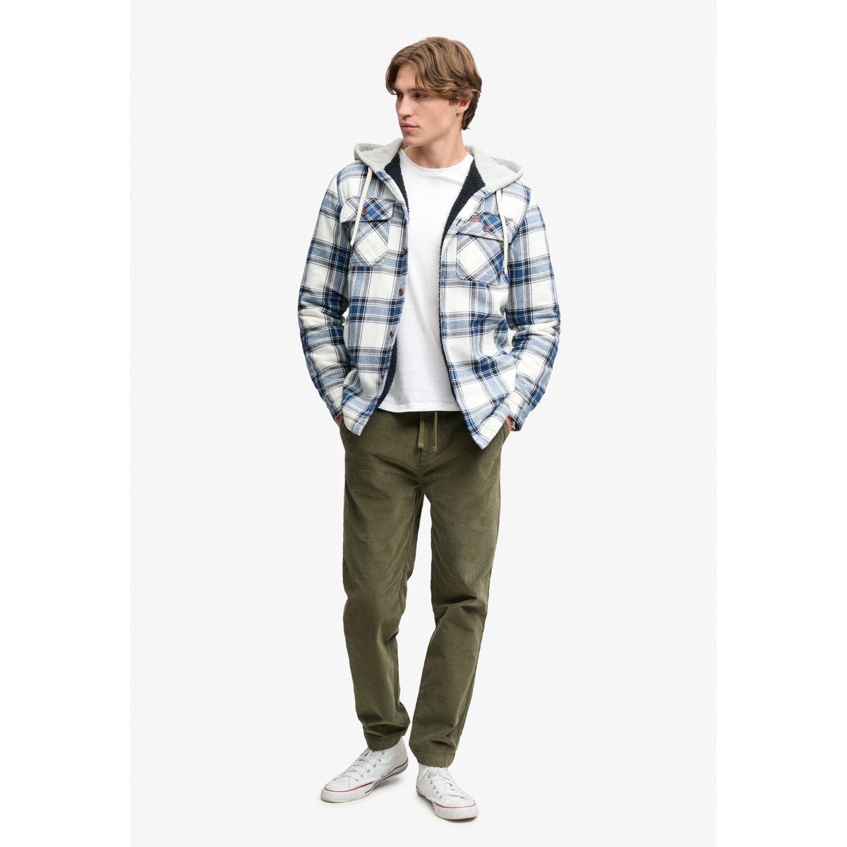 Surchemise à capuche doublée Borg carreaux worker blanc, SUPERDRY