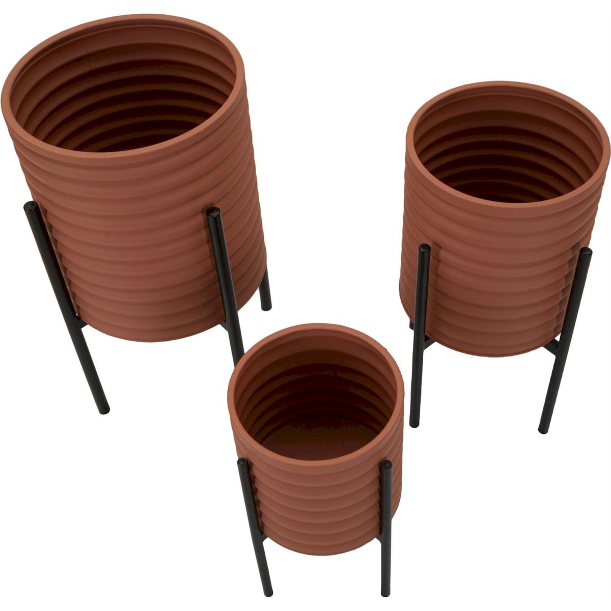 Cache-pots sur pieds en fer strié lot de 3 rouge brique et noir, RECOLLECTION
