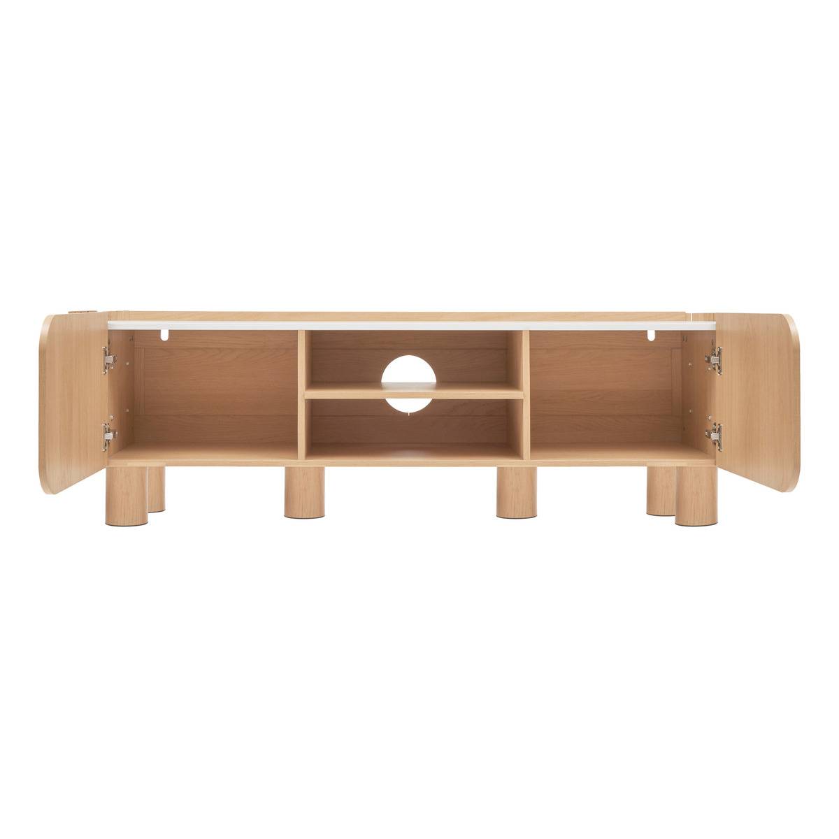 Meuble TV 2 portes plateau aspect marbre piètement hévéa HOMELYA beige, ATMOSPHERA