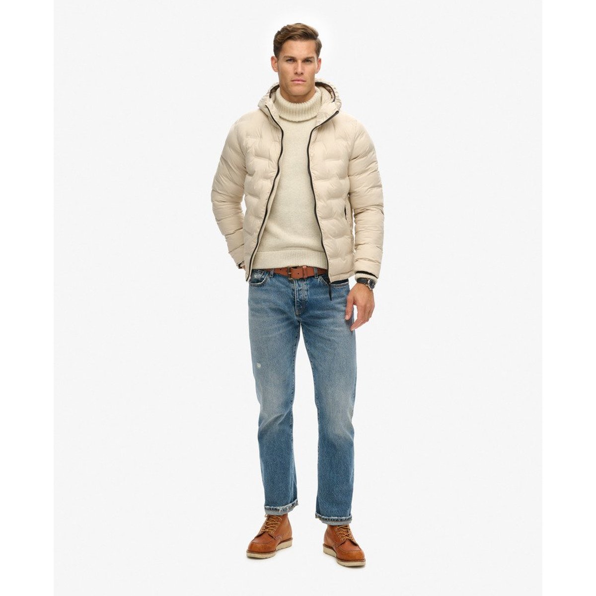 Doudoune courte matelassée beige ciment, SUPERDRY