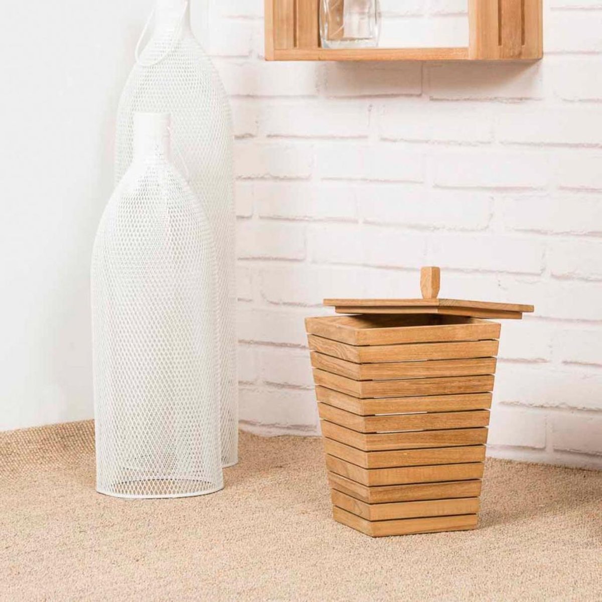Poubelle en teck rectangle naturel, WANDA COLLECTION