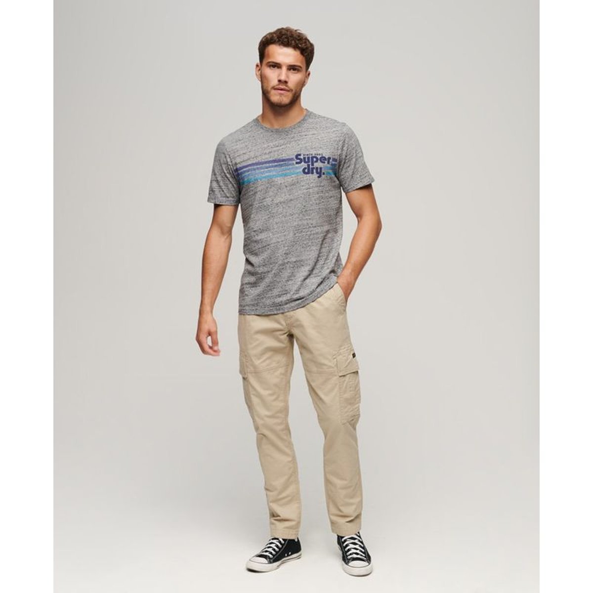 T-shirt col rond à logo gris silex poudré, SUPERDRY