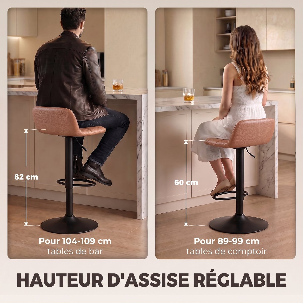 Tabouret de bar PU Marron marron foncé, noir, HOMCOM