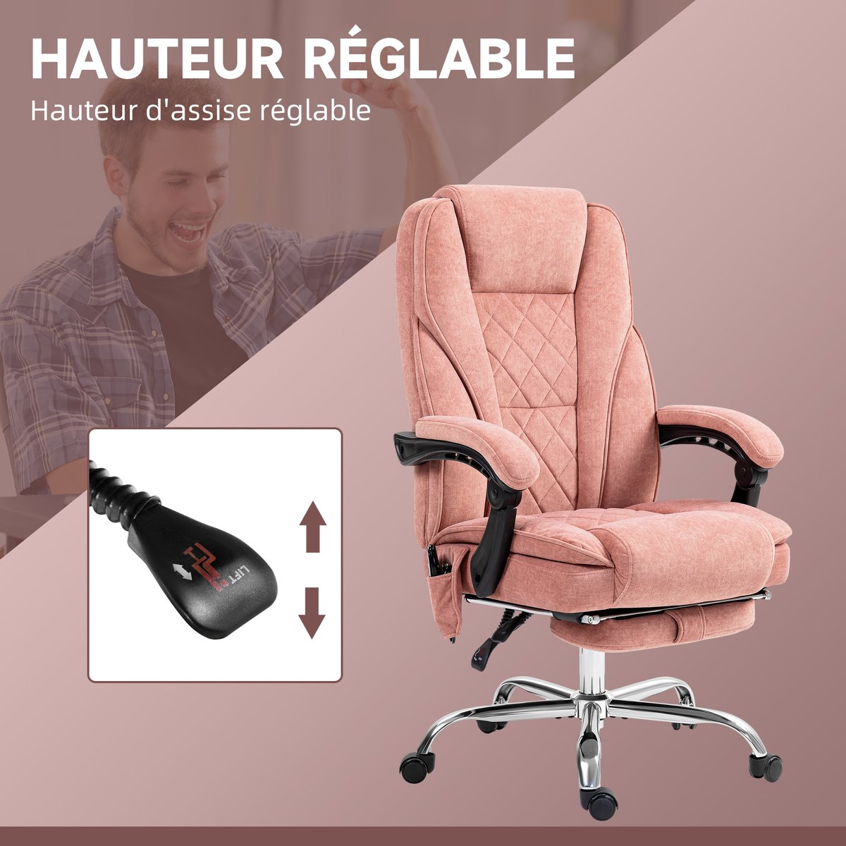Fauteuil de bureau avec fonction massage rose, HOMCOM