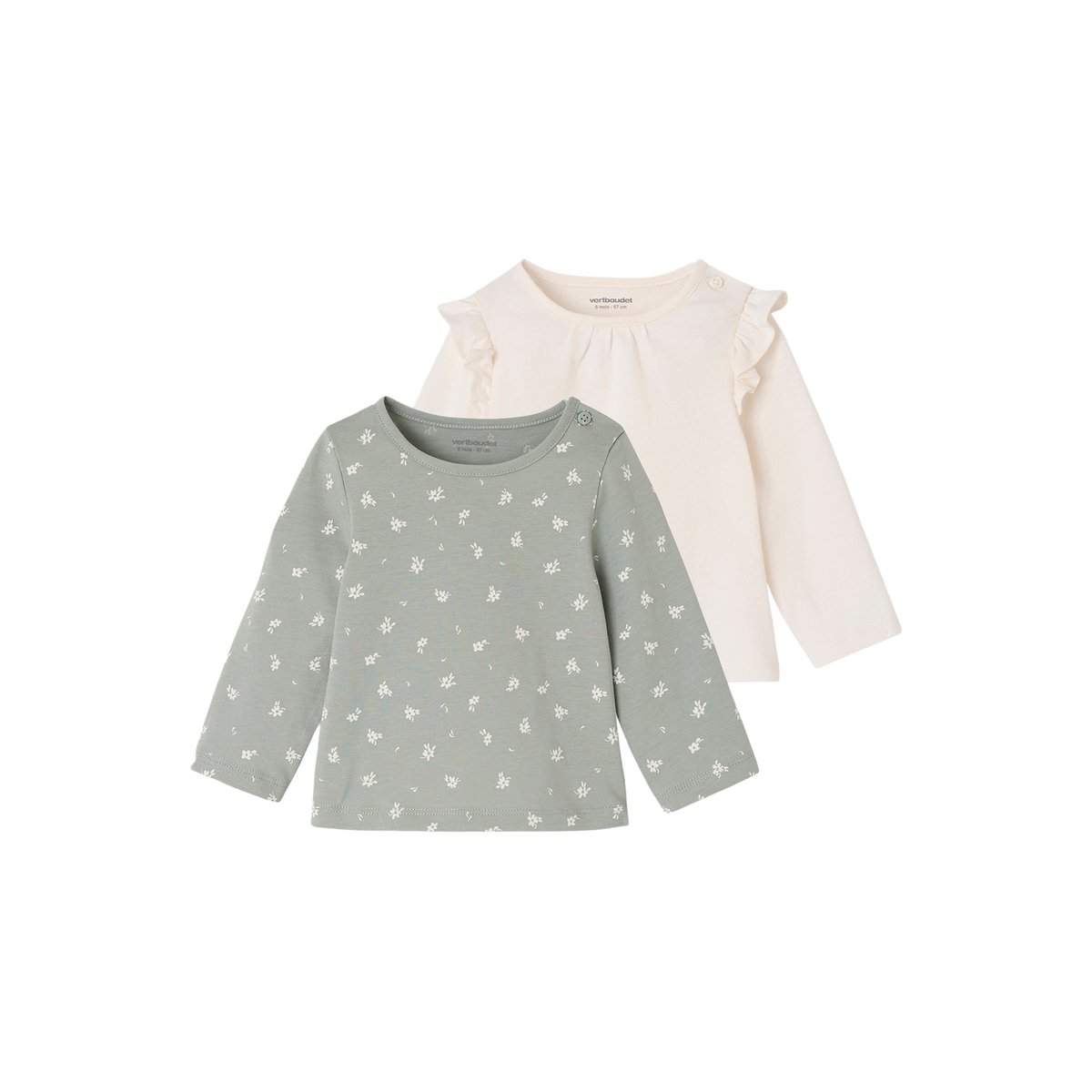 Lot de 2 T-shirts Basics manches longues vert sauge, VERTBAUDET