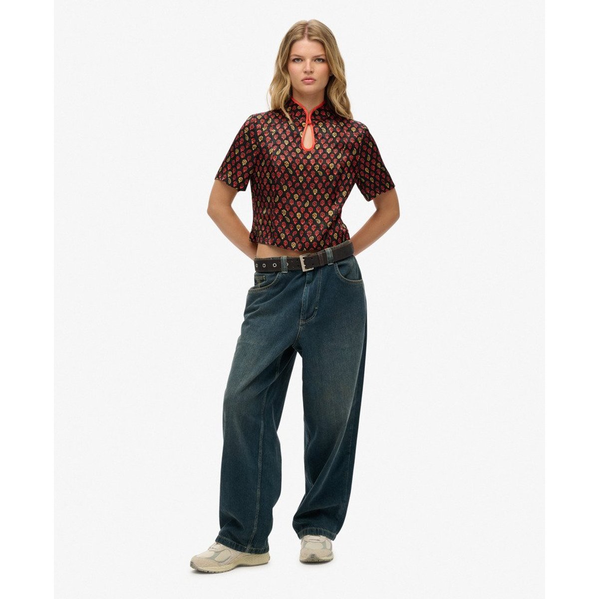 Haut en jacquard à col Mao noir block floral, SUPERDRY