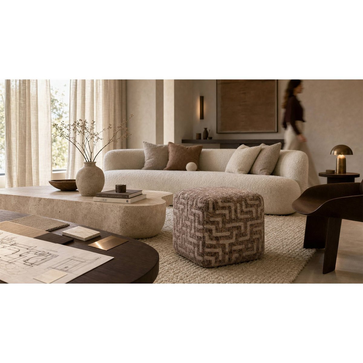 Pouf carré motif labyrinthe fait main brun labyrinthe, RECOLLECTION