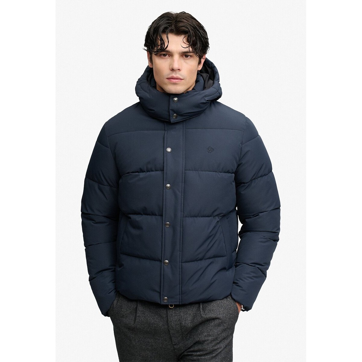 Piumino di alta qualità, con cappuccio rimovibile blu marino, SUPERDRY