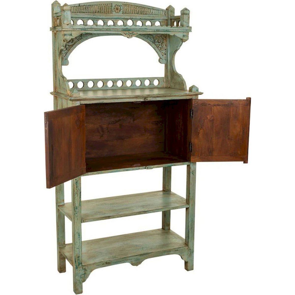 Buffet en manguier sculpté, 2 Portes bleu patiné bois de manguier, RECOLLECTION