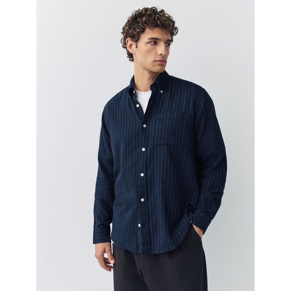 Chemise oxford manches longues rayée brossée bleu marine, NEXT
