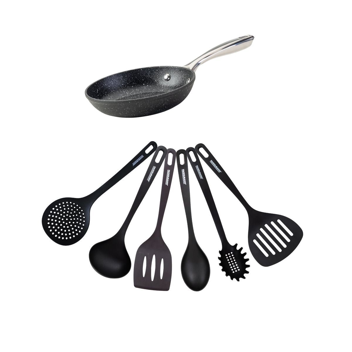 Set poêle 20 cm fonte alu céramique et 6 ustensiles CROSSROAD noir|gris, FACKELMANN