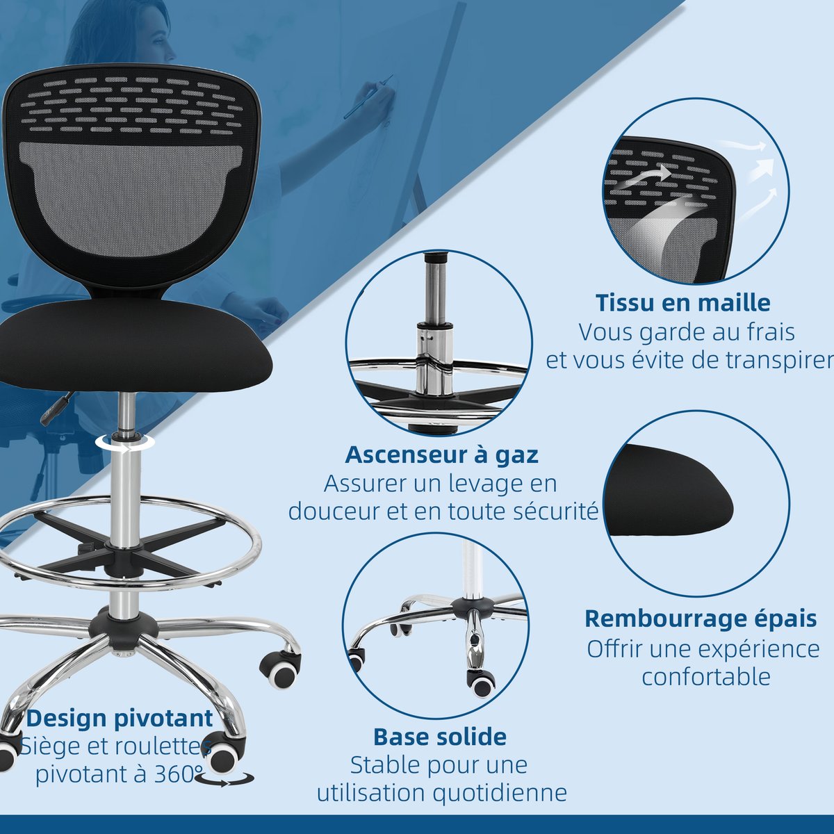 Chaise de bureau pour poste de travail debout noir, HOMCOM