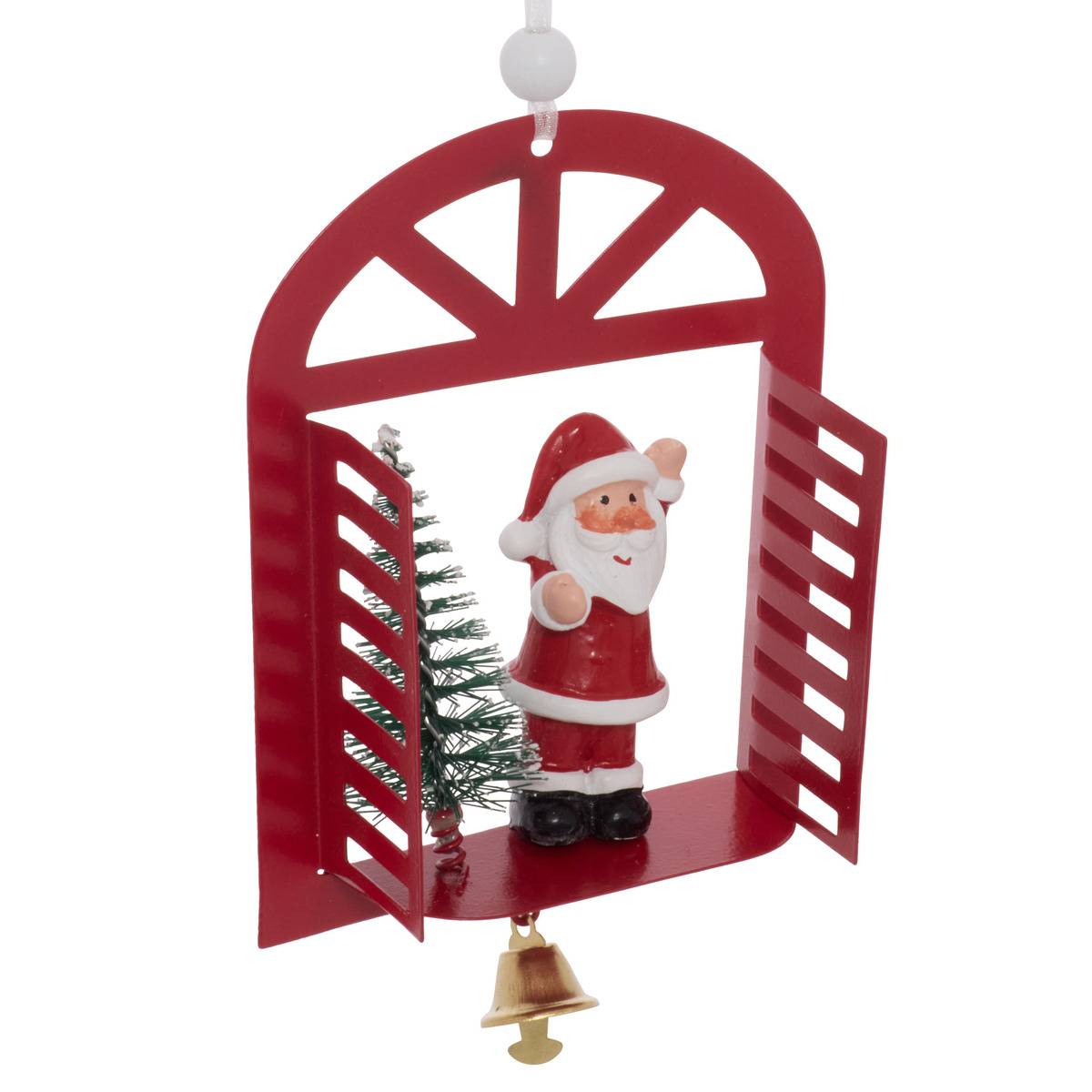 Suspension de sapin fenêtre avec Père Noël, bonhomme de neige et sapin en métal 14 cm blanc, ATMOSPHERA