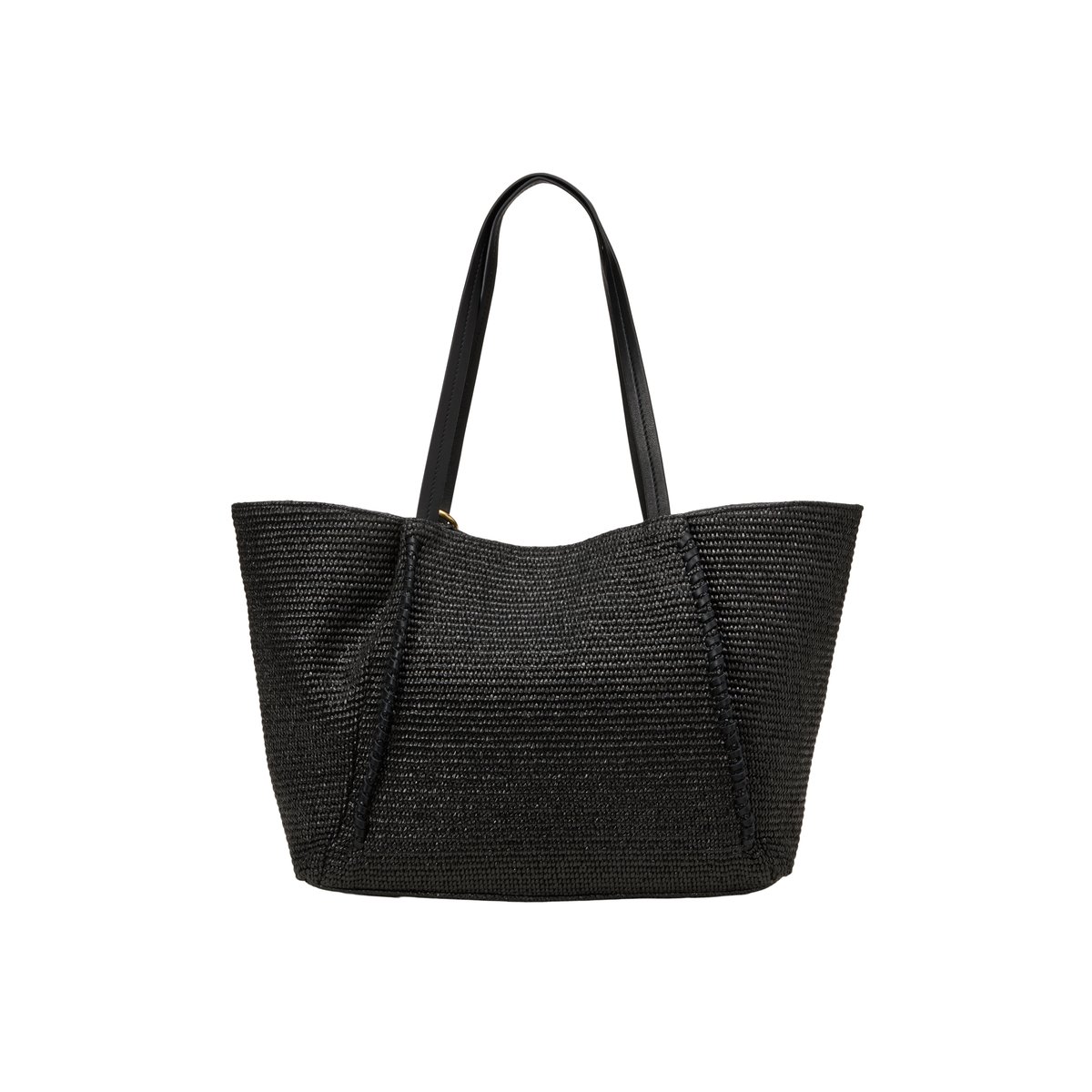 Shopper en raphia large avec détails élégants en cuir véritable noir, MARC O'POLO