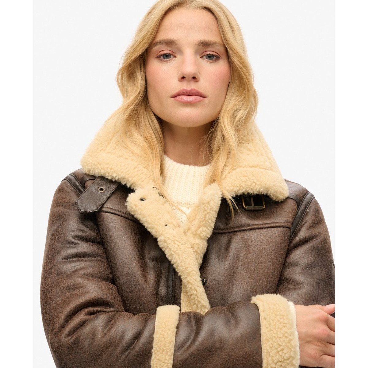 Veste aviateur courte en peau de mouton synthétique marron foncé, SUPERDRY