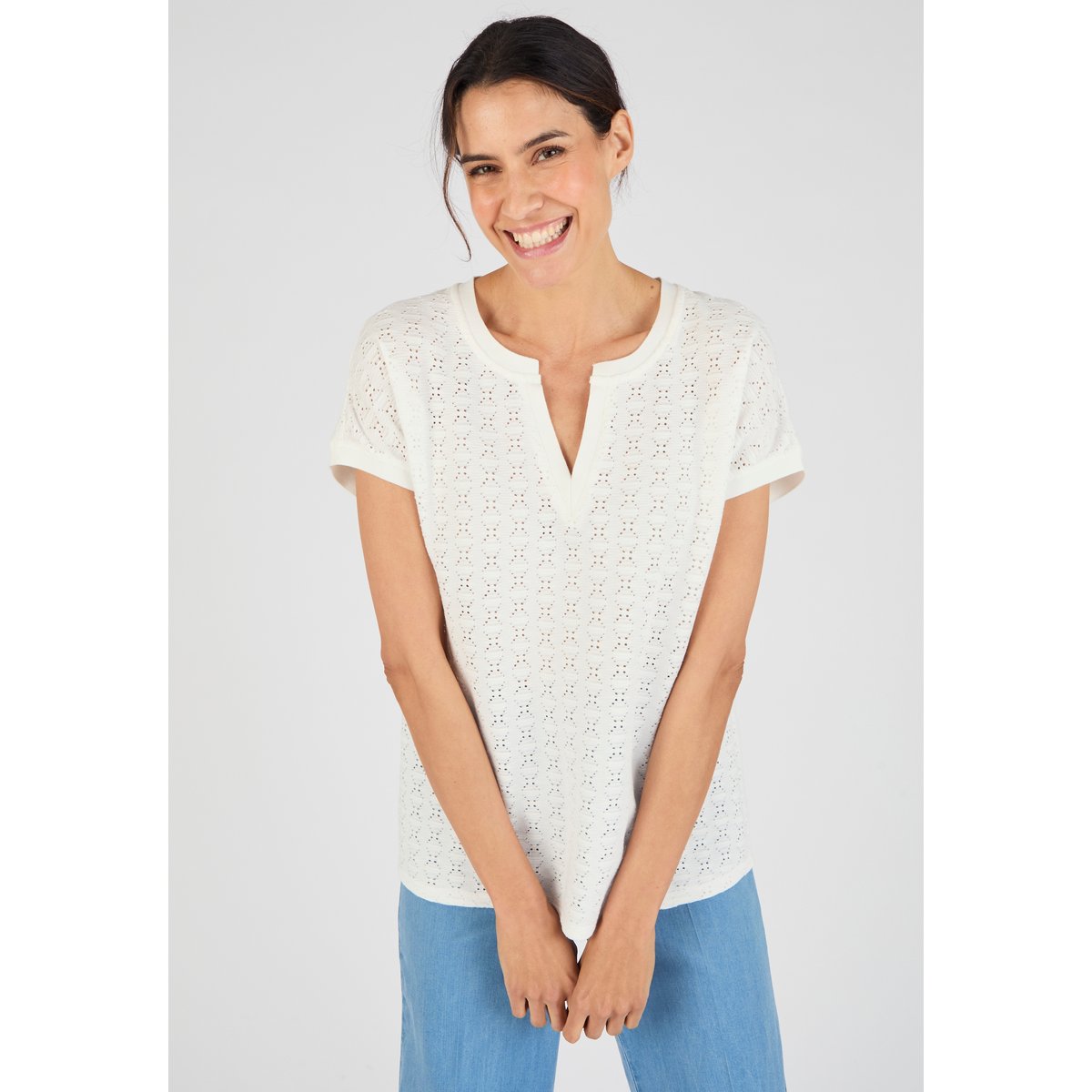 T-shirt maille jacquard fantaisie marron ecru, DAMART