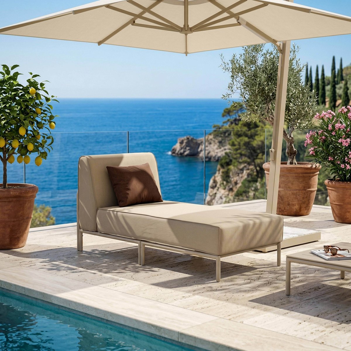 Salon de jardin modulable 6 places avec 3 chauffeuses, 1 fauteuil d'angle, 1 méridienne et 1 pouf, PATIO beige, OVIALA