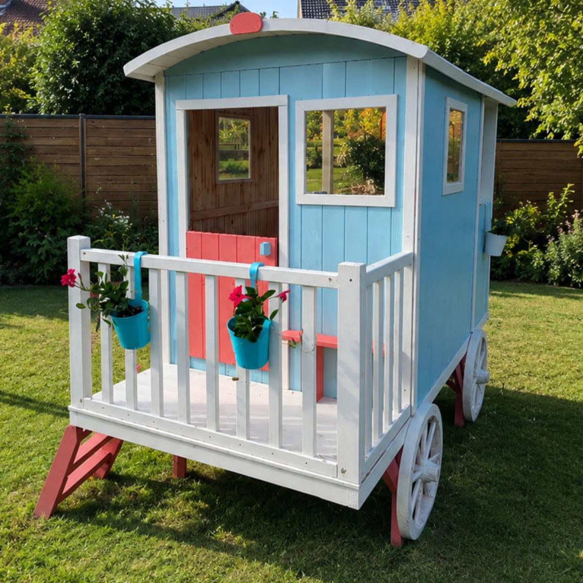 Cabane roulotte en bois sur pilotis pour enfants CARRY marron, SOULET