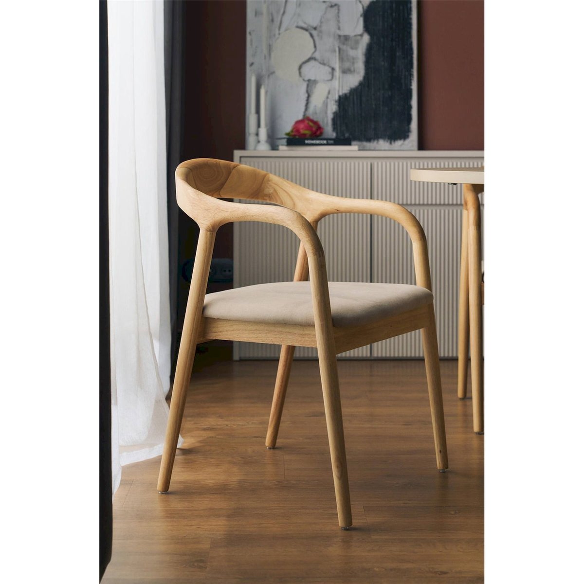 Chaise de salle à manger en bois tapissée beige et noir velours, RECOLLECTION