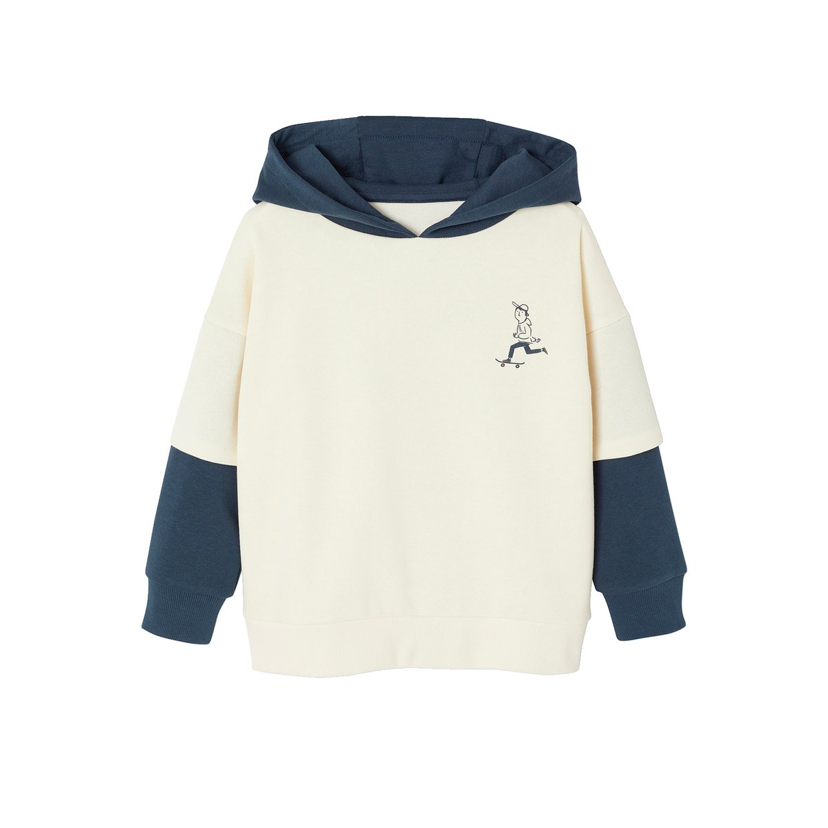 Sweat à capuche effet 2 en 1 print placé écru, VERTBAUDET