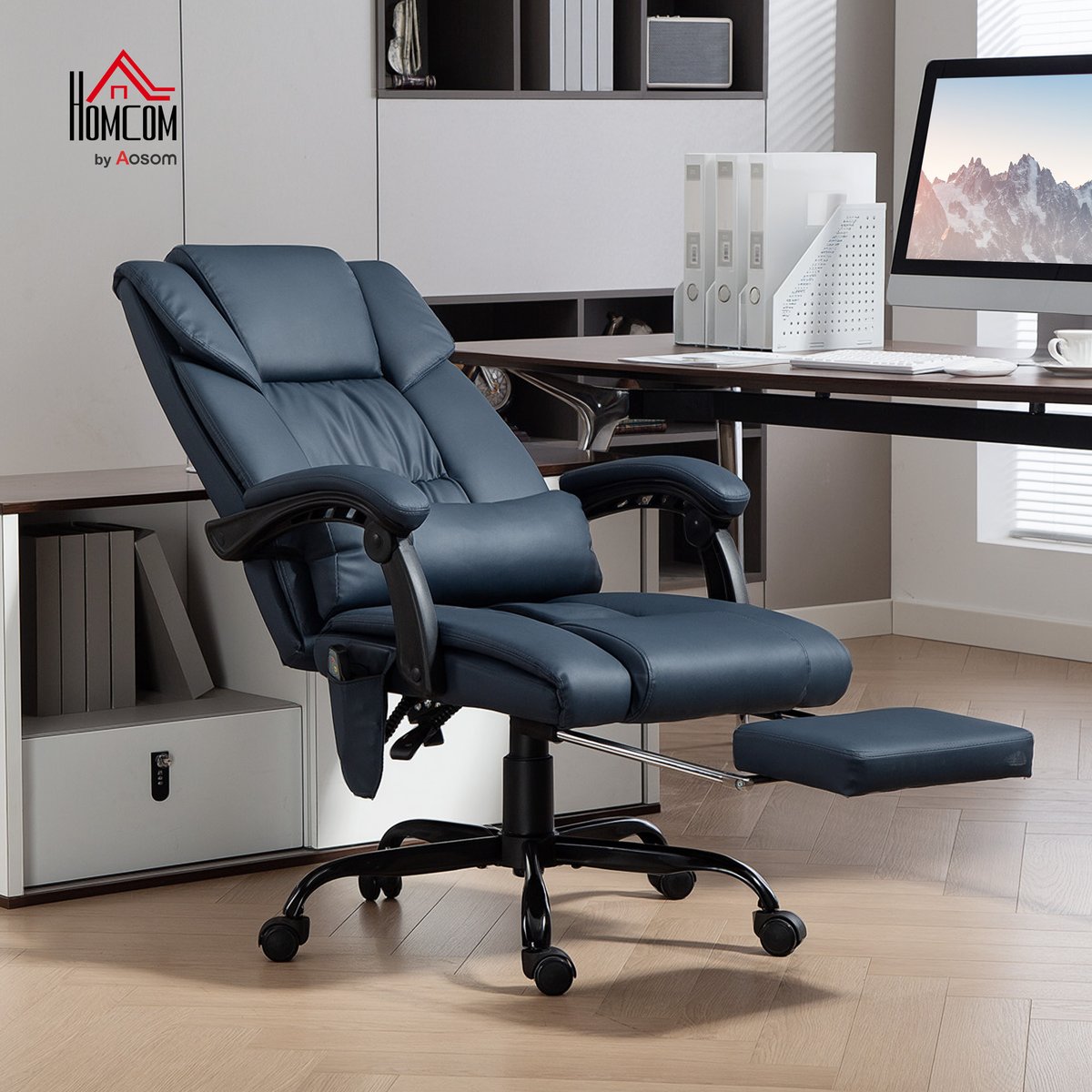 Fauteuil de bureau avec fonction massage bleu, HOMCOM