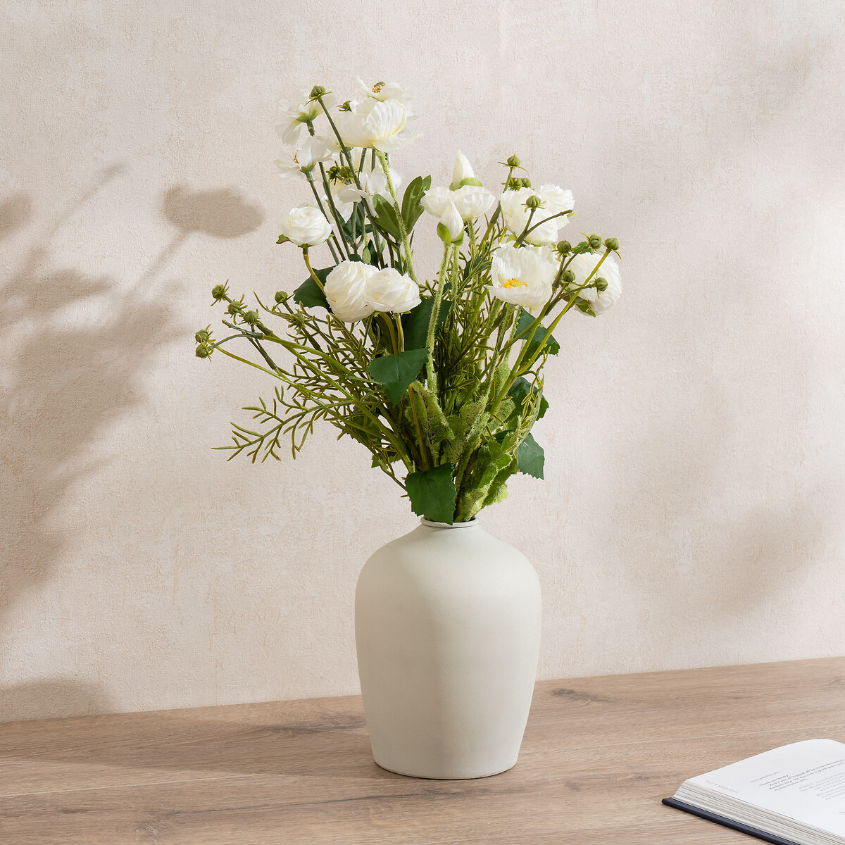 45cm Artificial White Poppy, Rose, and Cosmo Bouquet in Off-White Vase white, SO'HOME