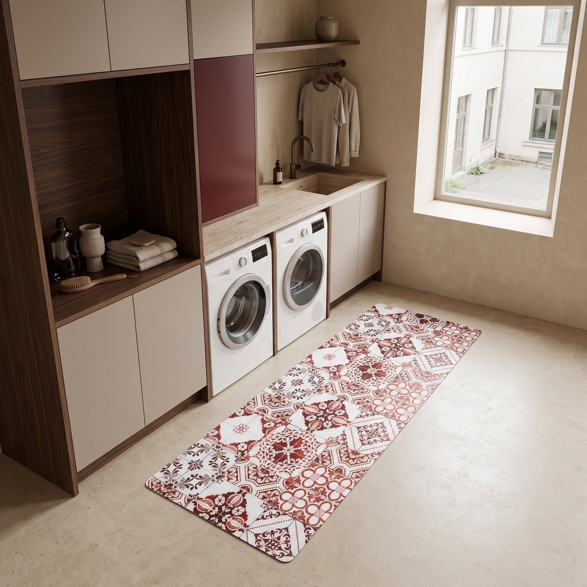 Tapis de cuisine carreaux de ciment AZULEJOS VINYLE - vinyle antidérapant rouge, THE DECO FACTORY