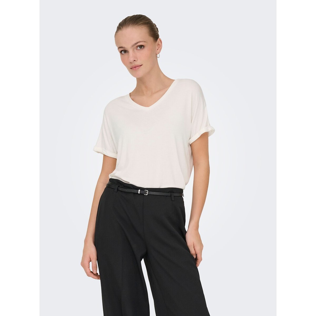 T-shirt manches courtes, col V blanc, JDY
