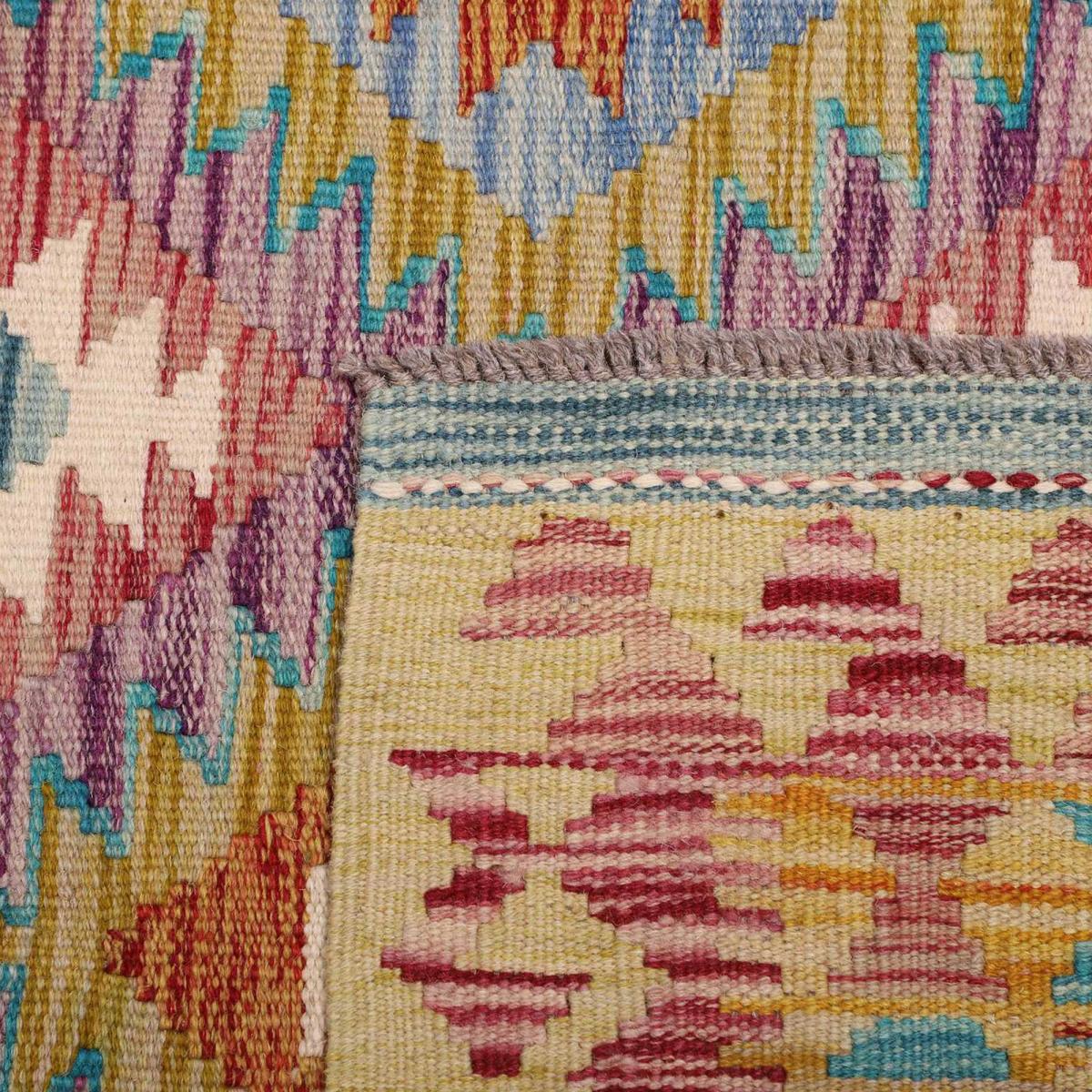 Tapis kilim ethnique authentique, tissé plat en laine, KILIM 48 multicolore, bleu, rouge, UN AMOUR DE TAPIS