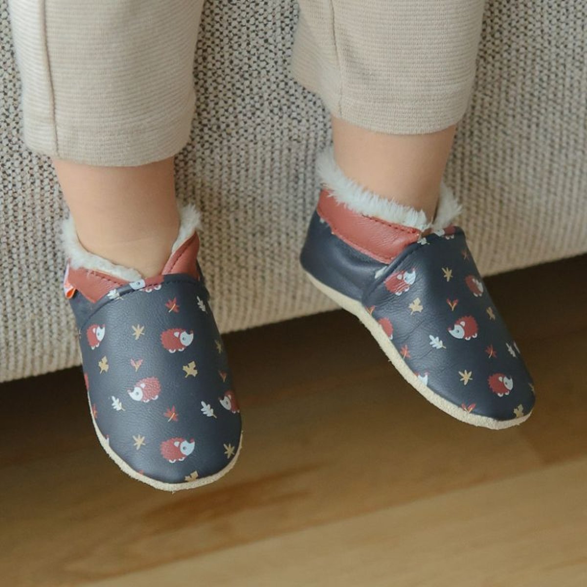 Chaussons cuir souple fourrés Philéon les hérissons bleu marine, TICHOUPS
