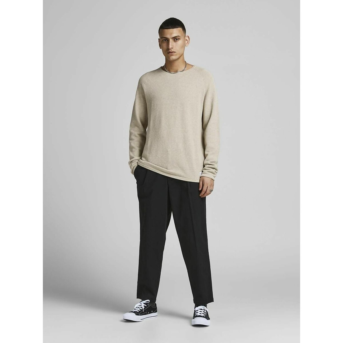Pull léger col rond maille structurée beige, JACK & JONES