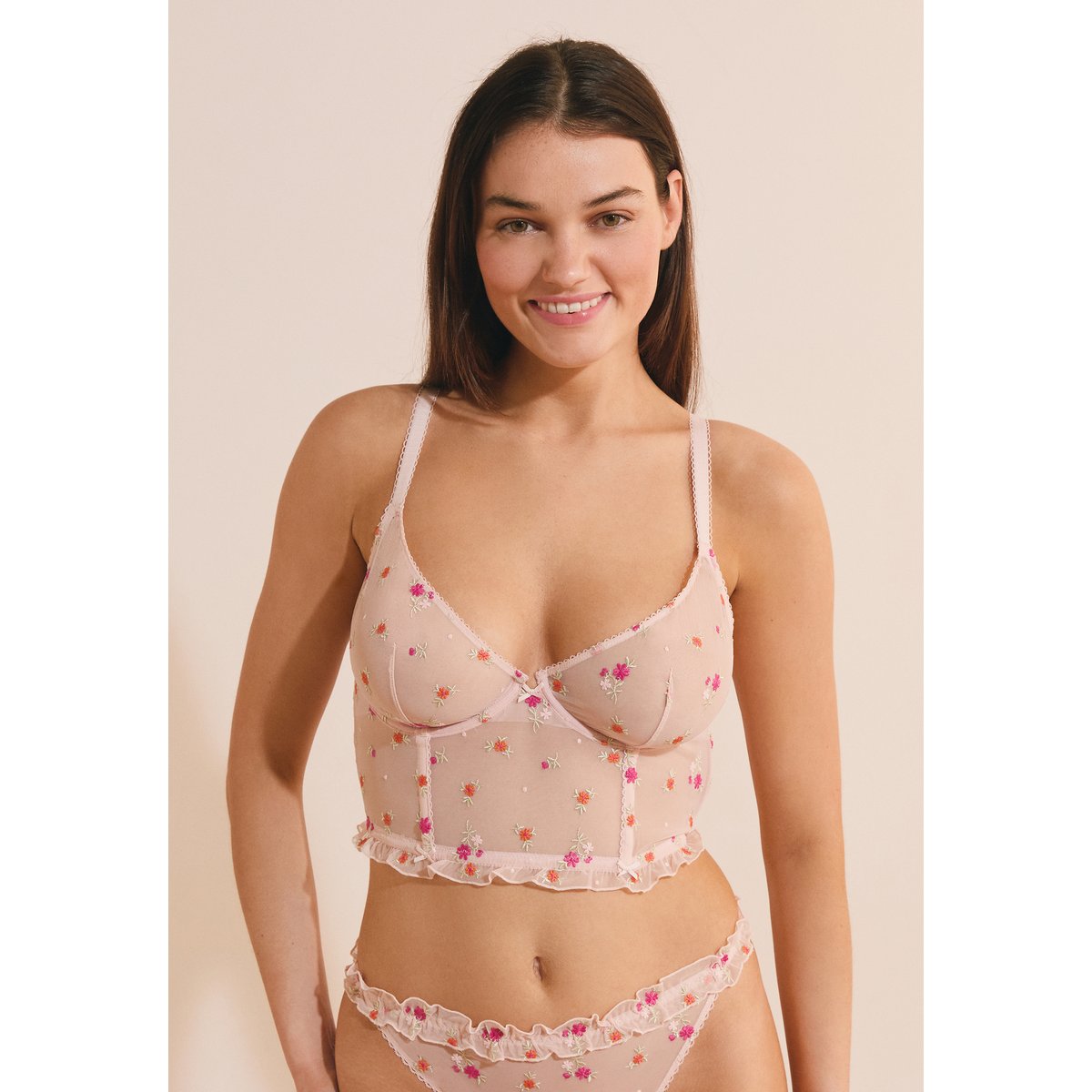 Soutien-gorge bustier avec broderie FREESIA imp fond rose, ETAM