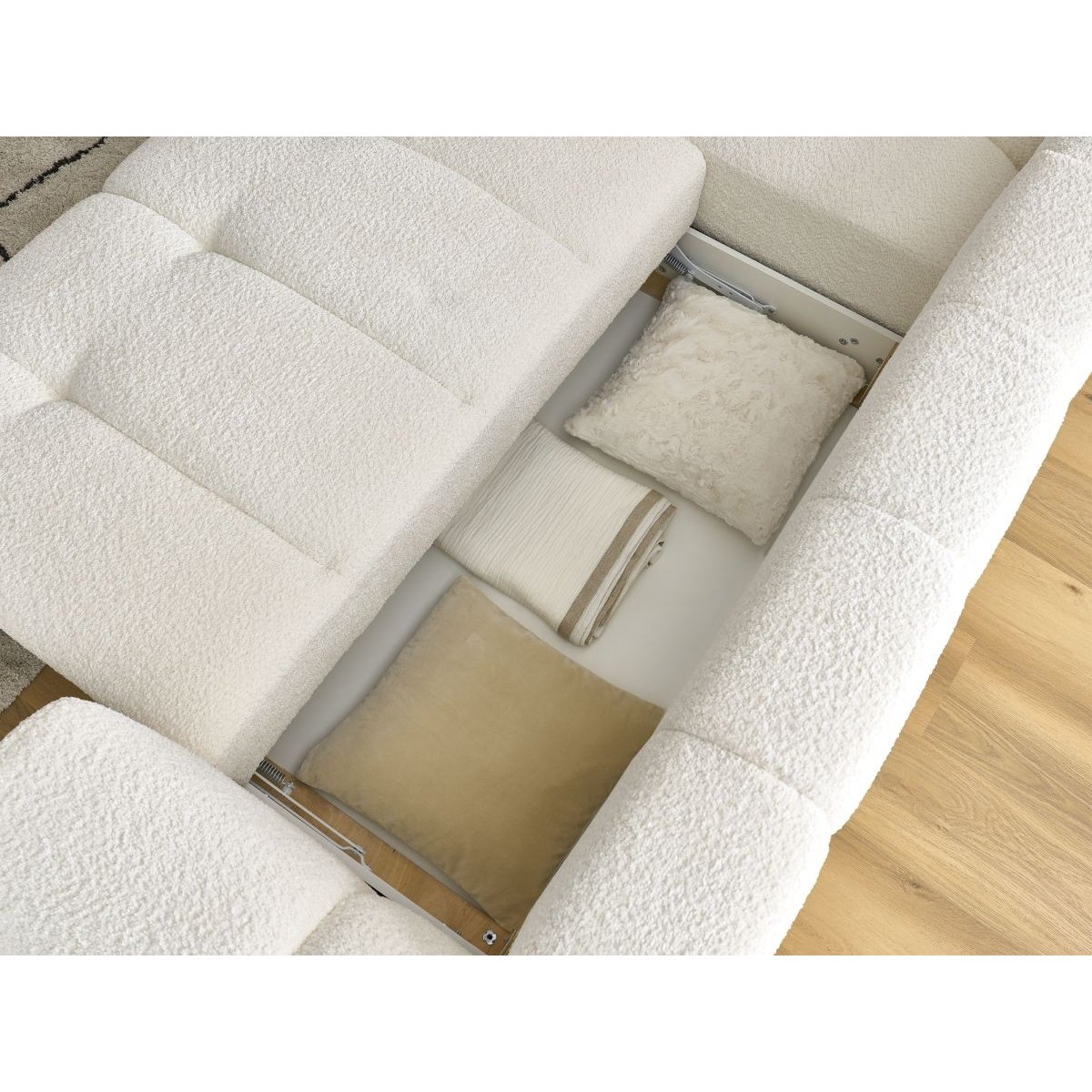 Canapé d'angle convertible 4 places en tissu bouclette avec pouf, FUJI blanc, BOBOCHIC