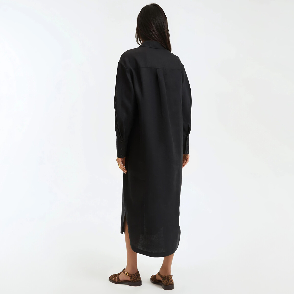 Robe-chemise droite, en lin, longue, manches longues noir, LA REDOUTE COLLECTIONS