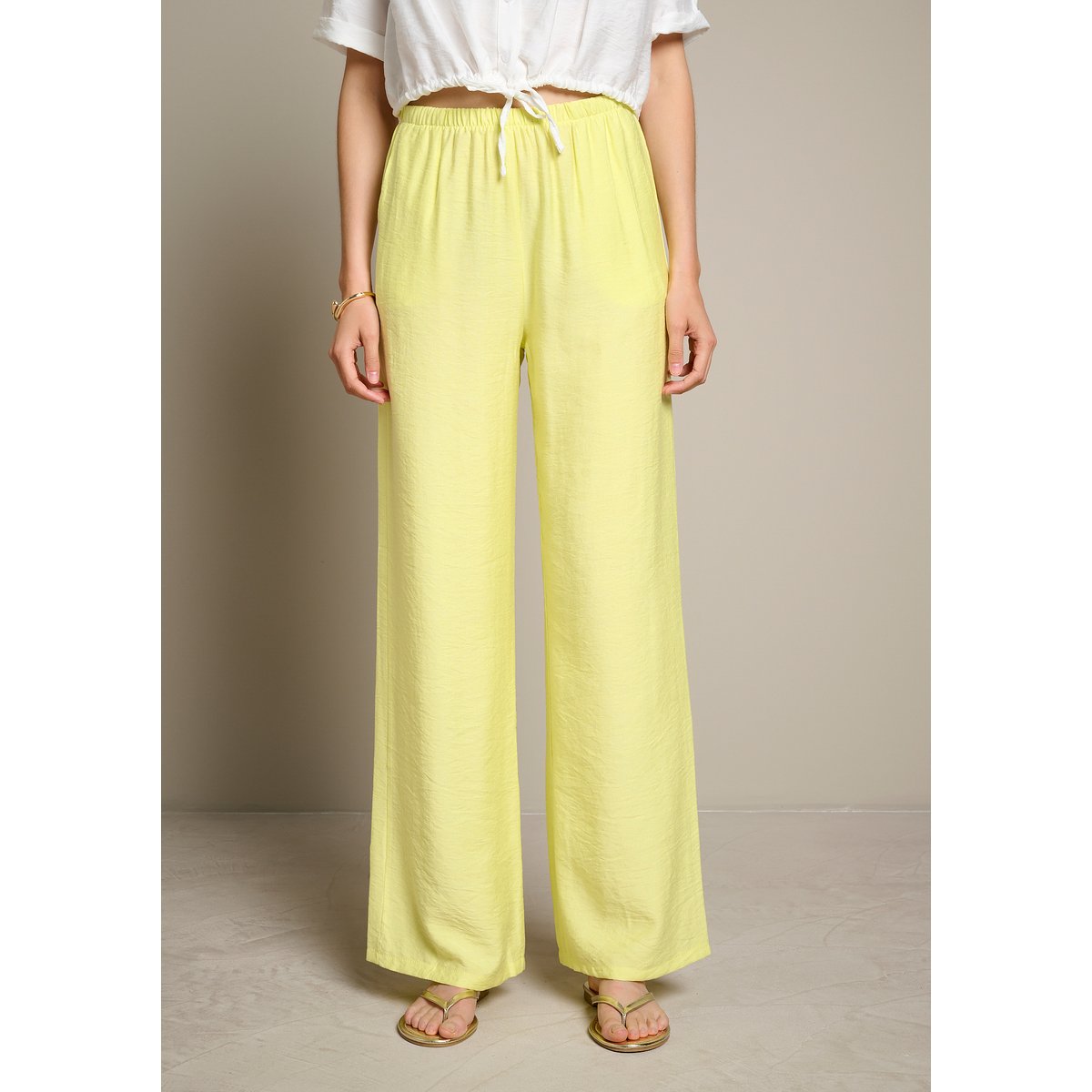 Pantalon fluide taille haute jaune pastel, LOLALIZA