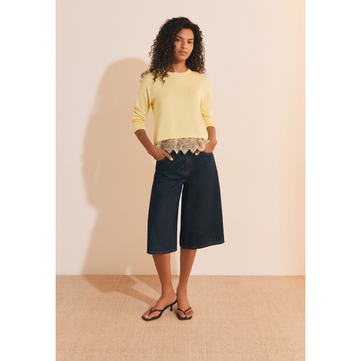 Pull avec coton et détails dentelle SOLINE jaune pale, ETAM