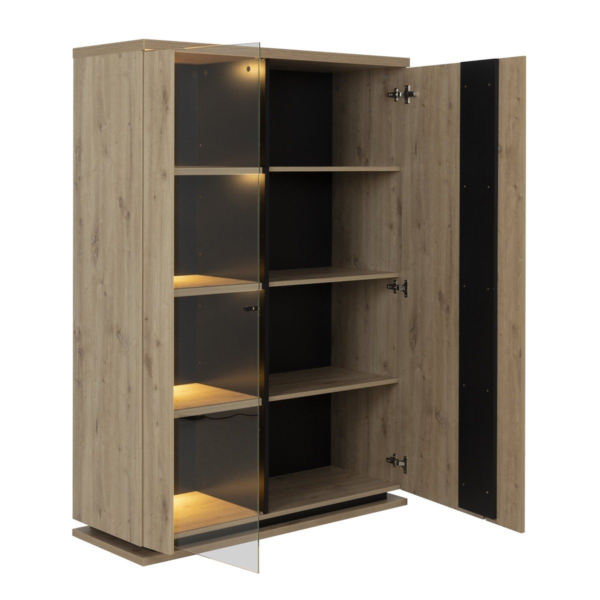 Ensemble vaisselier 2 portes avec éclairage avec table à manger extensible et table basse 1 tiroir Crack - Fabrication Française bois clair, CALICOSY