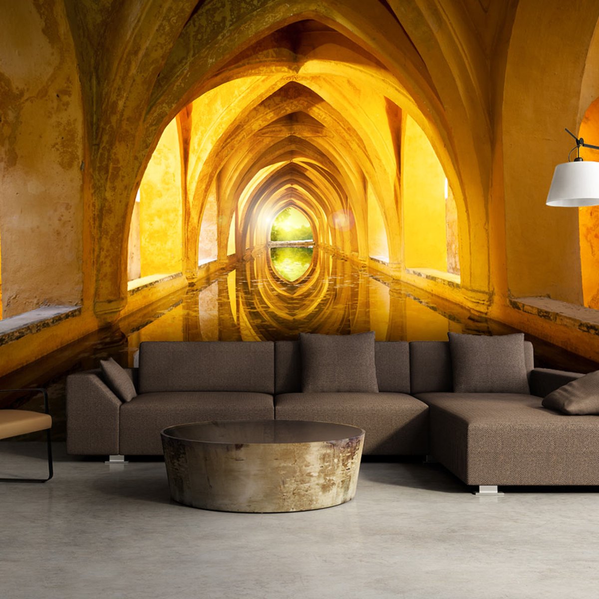 Papier peint intissé panoramique 3D et Perspective The Golden Corridor noir, EDEN