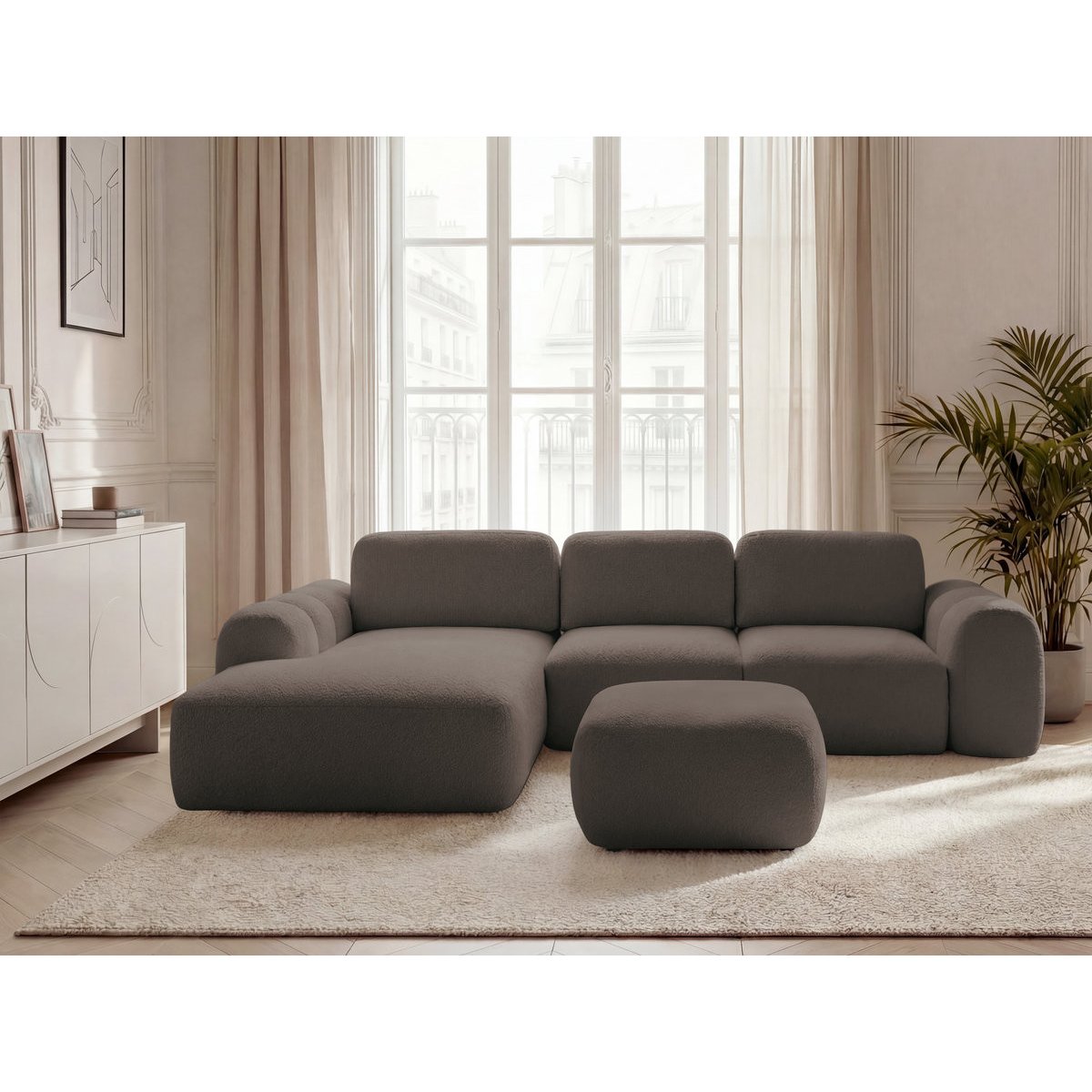 Canapé d'angle convertible 3 places en tissu bouclette avec pouf, MONTAIGNE marron, BOBOCHIC