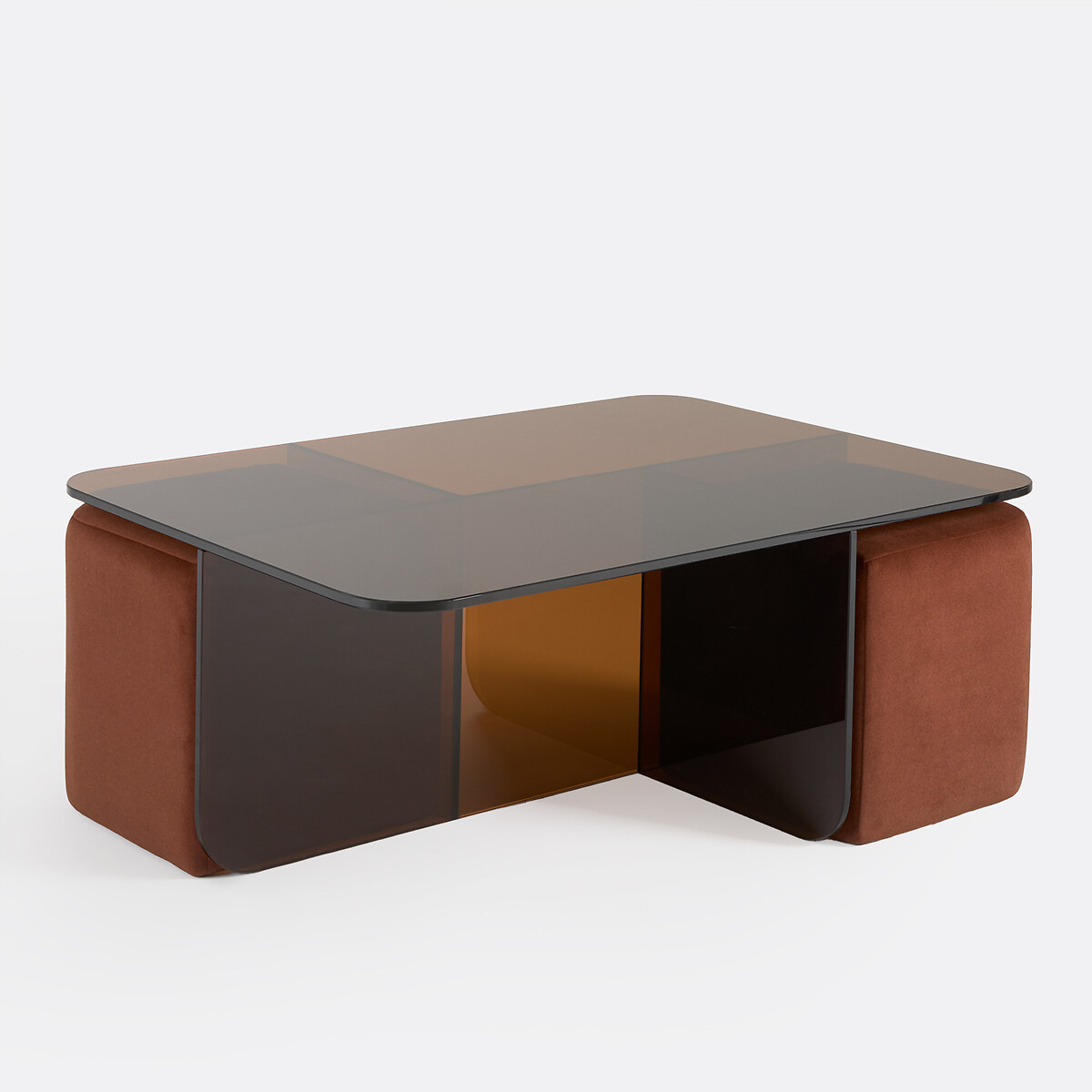 Mesa de centro em vidro temperado âmbar com 2 pufes em tecido, DELLA terracota, LA REDOUTE INTERIEURS