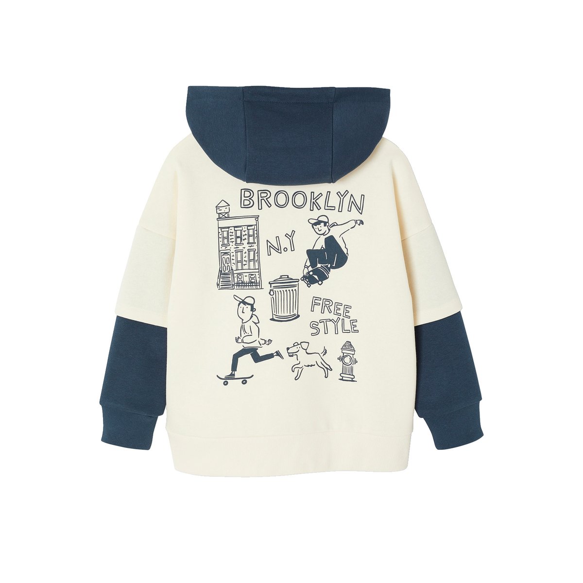 Sweat à capuche effet 2 en 1 print placé écru, VERTBAUDET