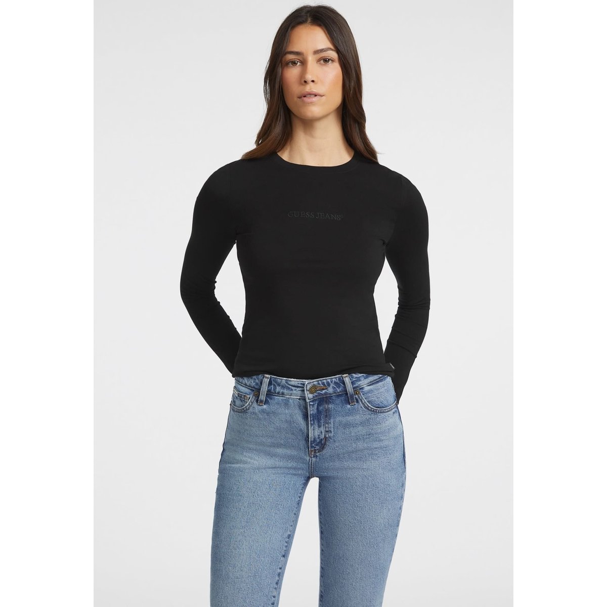 T-Shirt Slim Manches Longues Brodé noir, GUESS