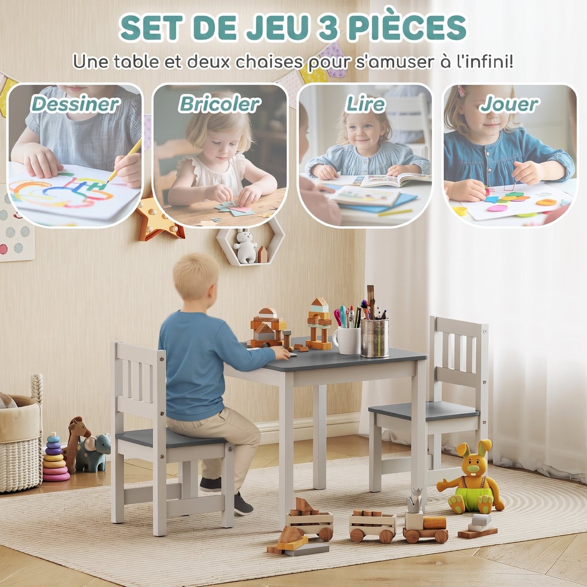 Ensemble table et chaises pour enfants MDF gris, AIYAPLAY