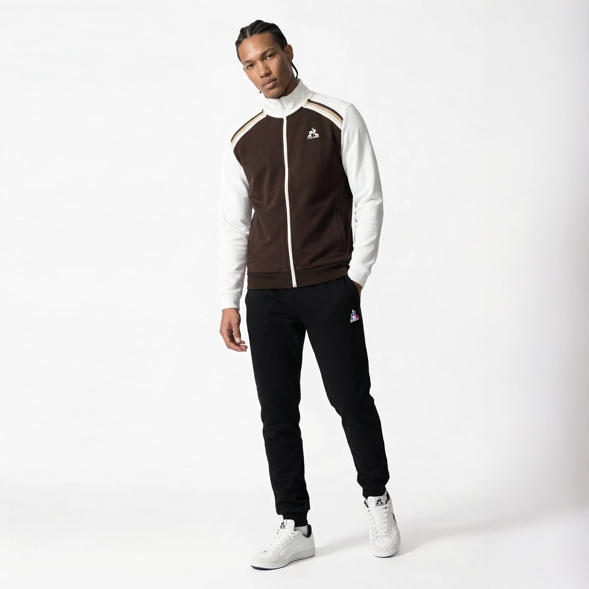 Veste zippée en double face avec bandes rayées épaules Heritage marron fonce, LE COQ SPORTIF