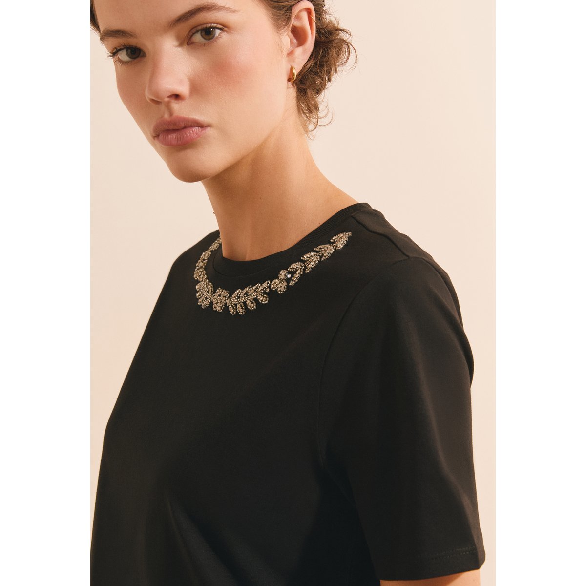 T-shirt manches courtes avec strass en coton ADRIANO noir, ETAM