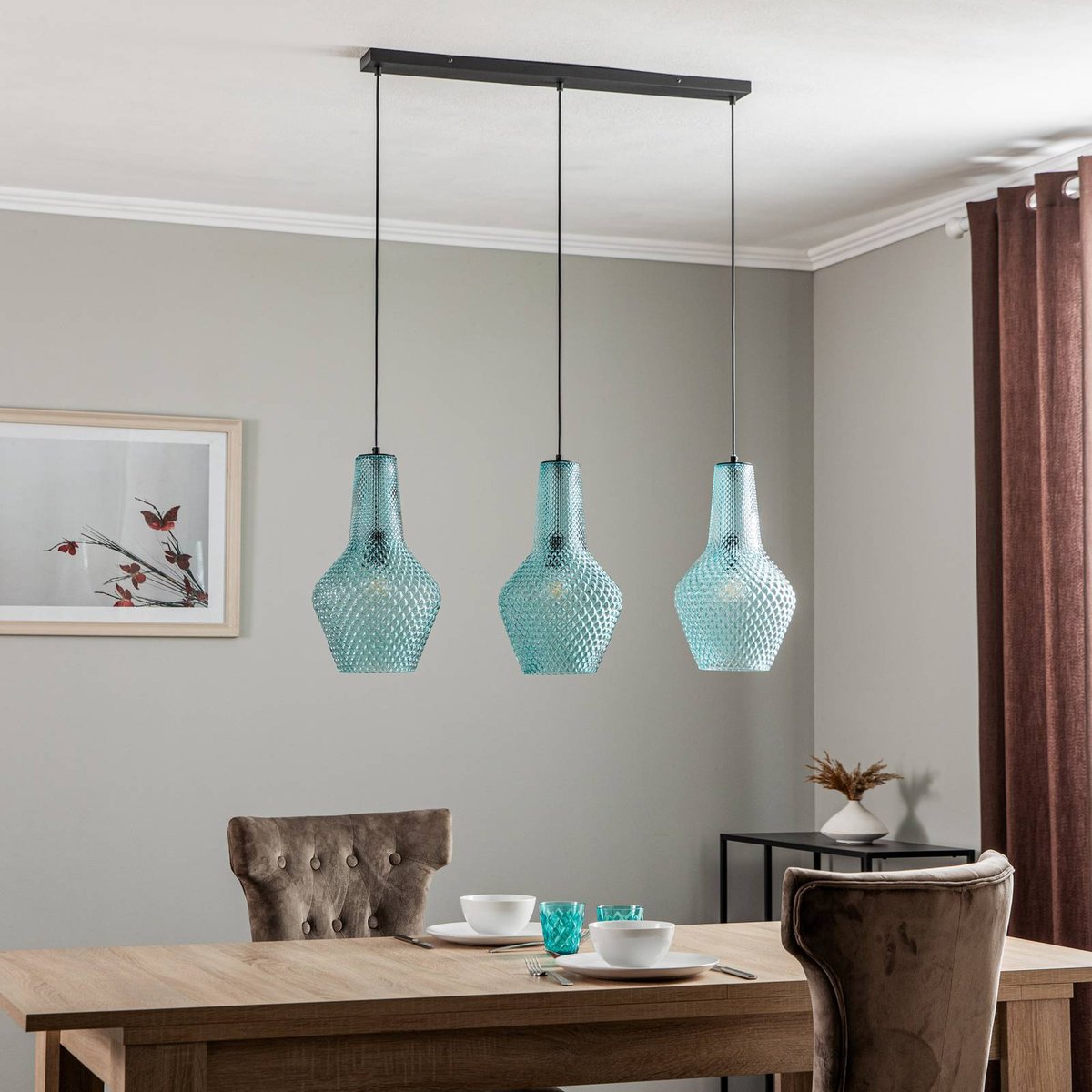 Suspension en verre vintage, Drakar bleu clair, noir, LINDBY
