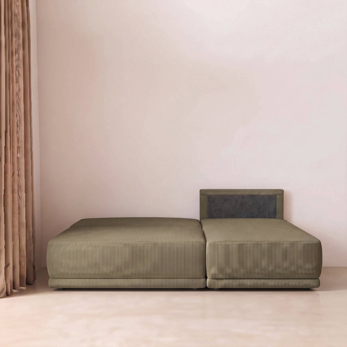 Banquette canapé d'angle droit convertible 3 places velours côtelé avec coffre NELSON taupe, SWEEEK