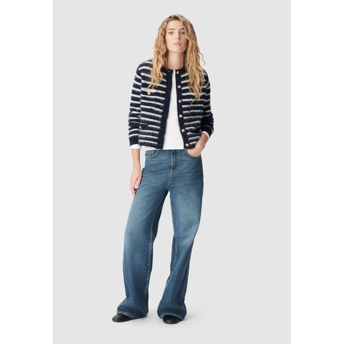 Cardigan rayé en laine bleu marine, IKKS
