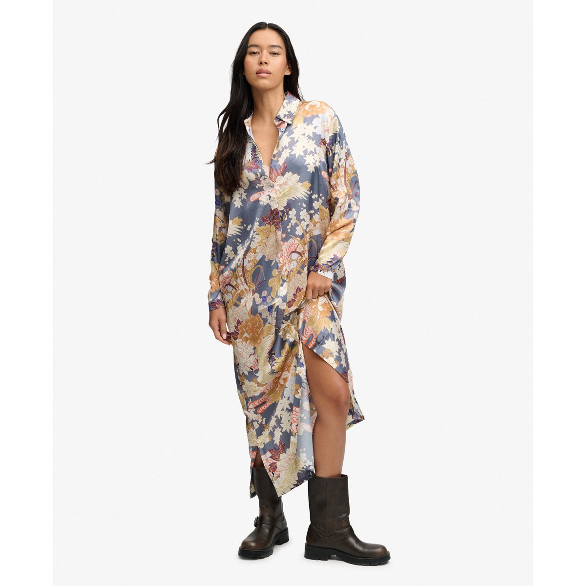 Robe Chemise Maxi Florale Satin coupe oversize daisenoki multifloral, SUPERDRY