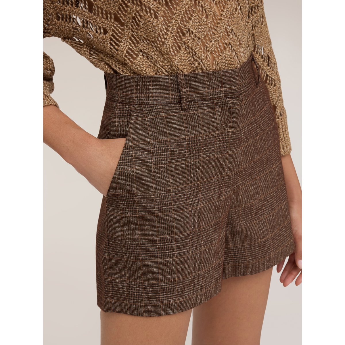 Short taille haute motif carreaux marron, MOTIVI